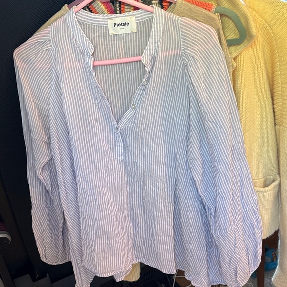 Women's Purple And White Striped Button-Front Blouse